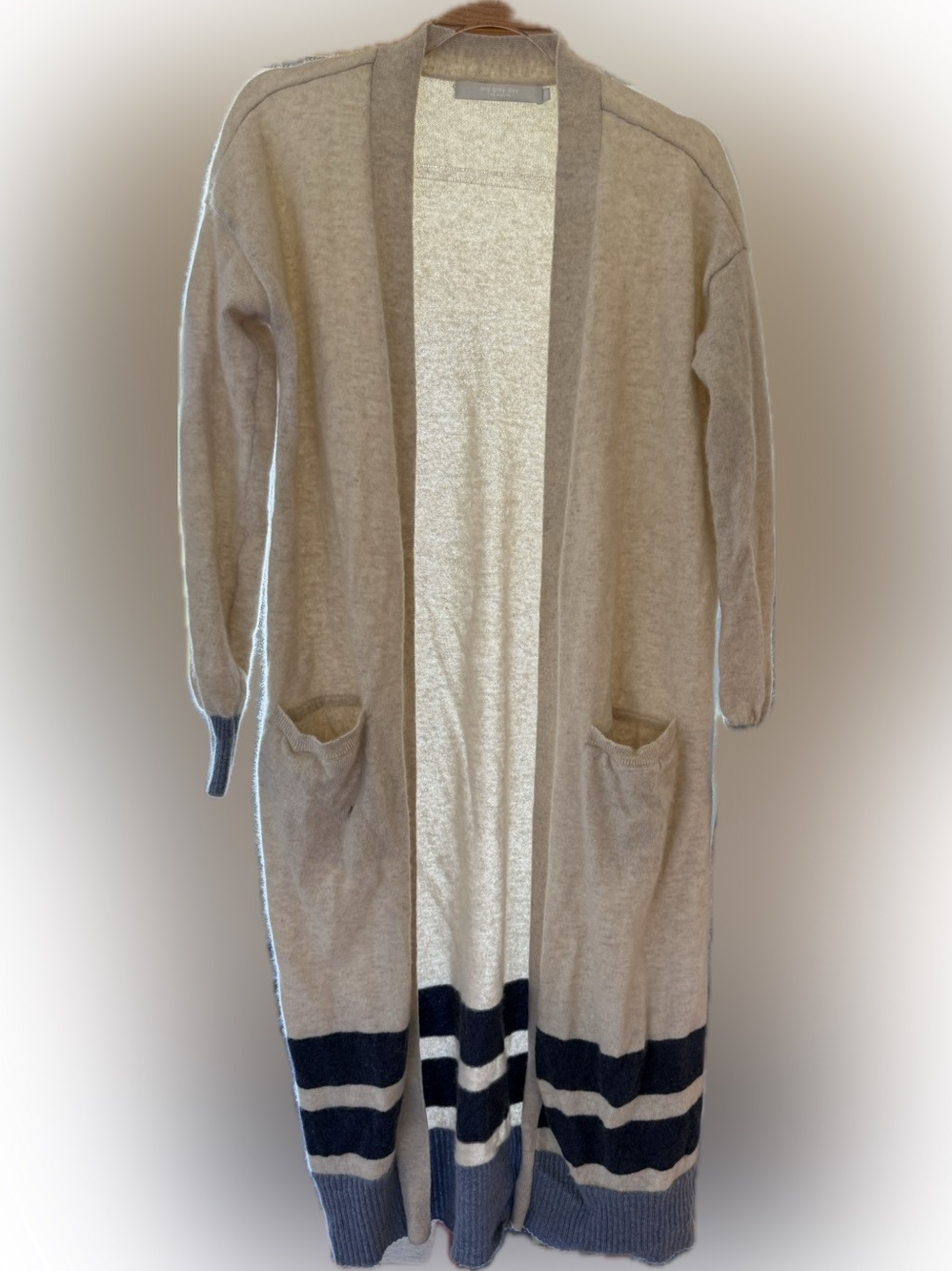 ONE GREY DAY CASHMERE  Long Duster Cardigan with Navy Stripe Hem. XS
